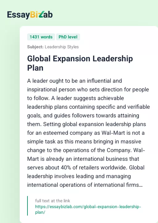 Global Expansion Leadership Plan - Essay Preview
