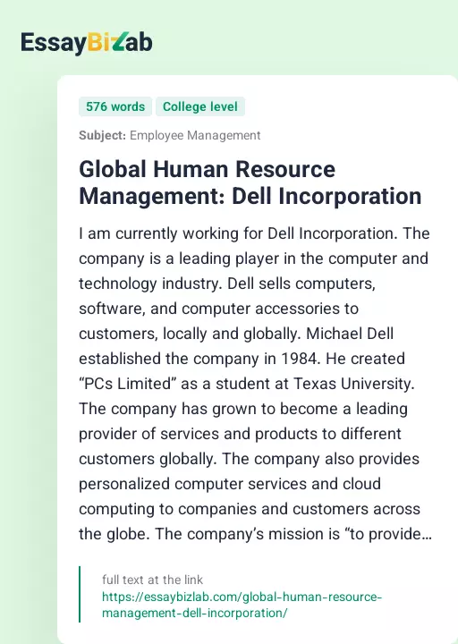 Global Human Resource Management: Dell Incorporation - Essay Preview