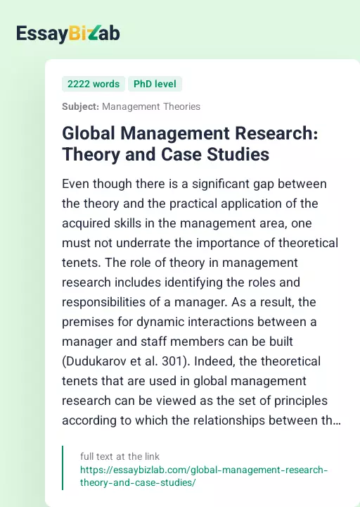 Global Management Research: Theory and Case Studies - Essay Preview