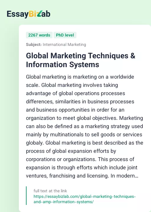 Global Marketing Techniques & Information Systems - Essay Preview