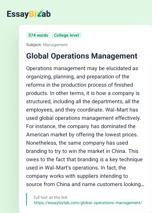 Global Operations Management - Essay Preview