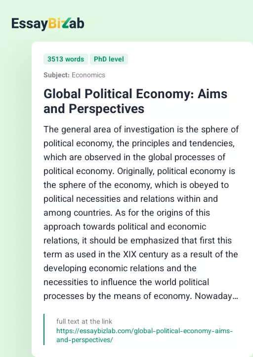 Global Political Economy: Aims and Perspectives - Essay Preview