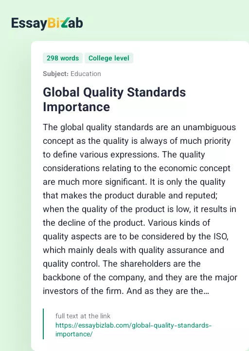 Global Quality Standards Importance - Essay Preview