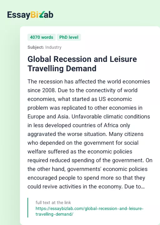 Global Recession and Leisure Travelling Demand - Essay Preview