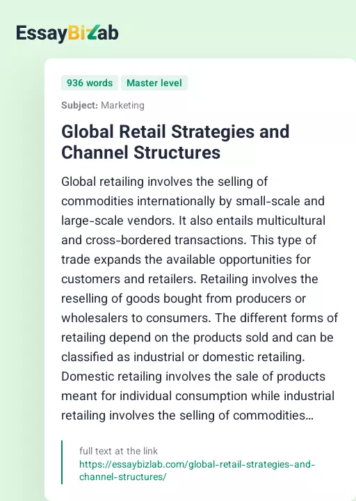 Global Retail Strategies and Channel Structures - Essay Preview