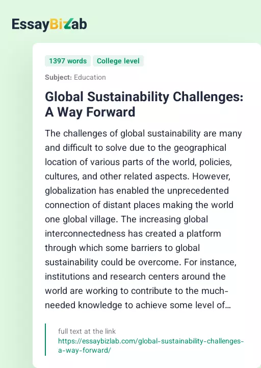 Global Sustainability Challenges: A Way Forward - Essay Preview