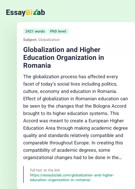 Globalization and Higher Education Organization in Romania - Essay Preview