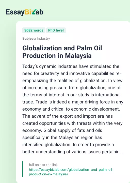 Globalization and Palm Oil Production in Malaysia - Essay Preview