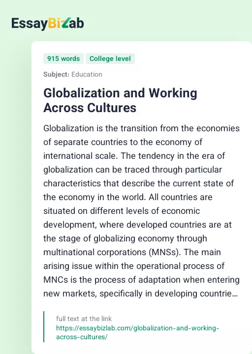 Globalization and Working Across Cultures - Essay Preview