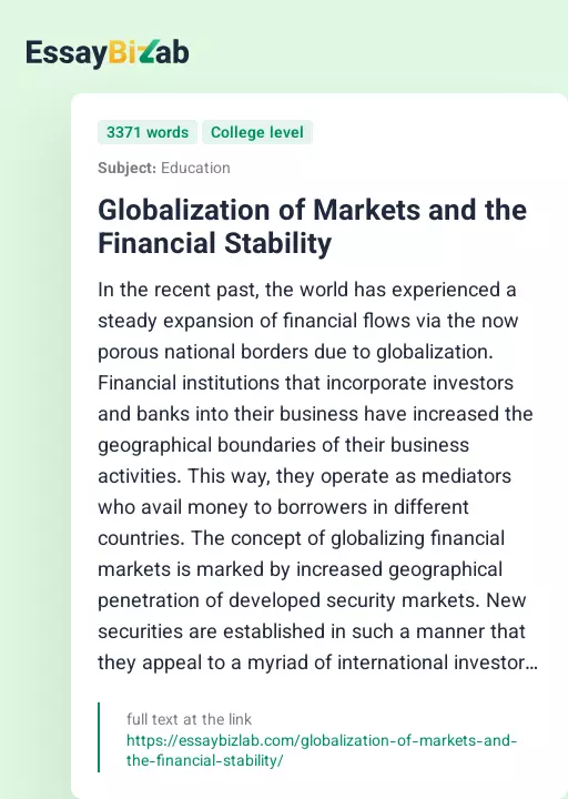 Globalization of Markets and the Financial Stability - Essay Preview
