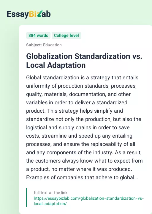 Globalization Standardization vs. Local Adaptation - Essay Preview