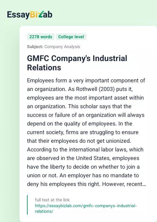 GMFC Company's Industrial Relations - Essay Preview