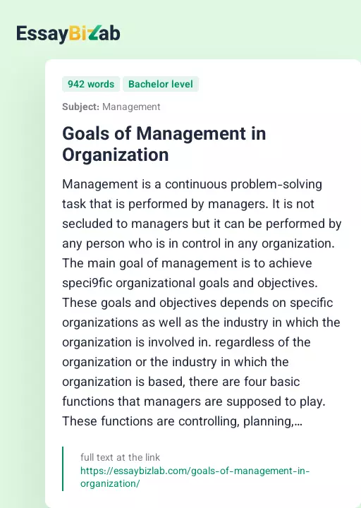 Goals of Management in Organization - Essay Preview