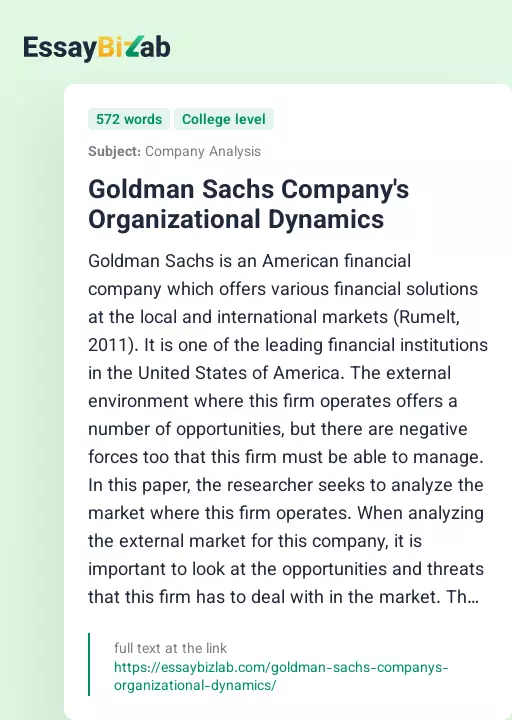 Goldman Sachs Company's Organizational Dynamics - Essay Preview
