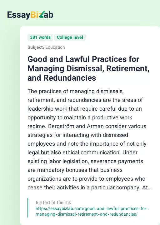 Good and Lawful Practices for Managing Dismissal, Retirement, and Redundancies - Essay Preview