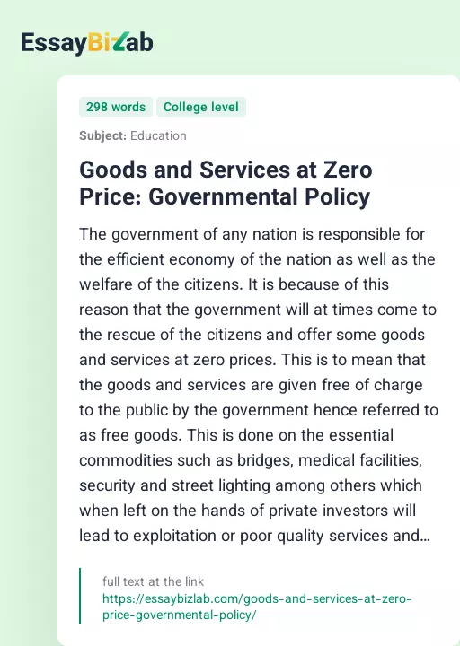 Goods and Services at Zero Price: Governmental Policy - Essay Preview