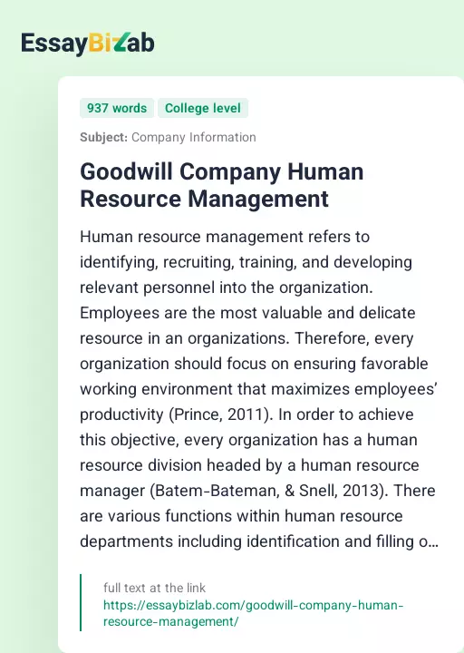 Goodwill Company Human Resource Management - Essay Preview