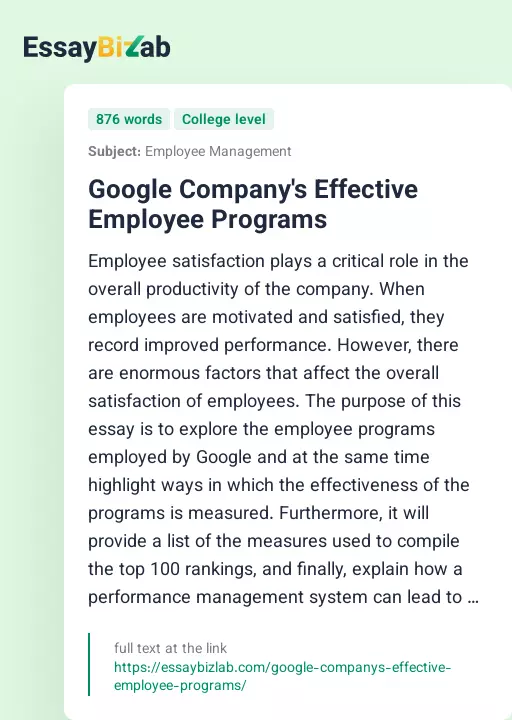 Google Company's Effective Employee Programs - Essay Preview