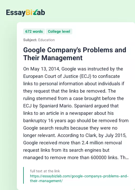 Google Company's Problems and Their Management - Essay Preview