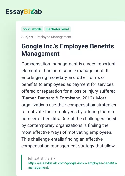 Google Inc.'s Employee Benefits Management - Essay Preview