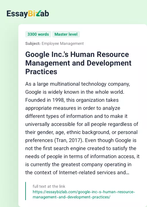 Google Inc.'s Human Resource Management and Development Practices - Essay Preview