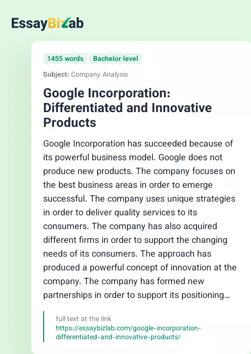 Google Incorporation: Differentiated and Innovative Products - Essay Preview