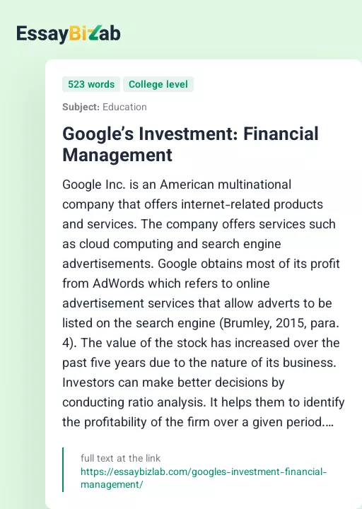 Google’s Investment: Financial Management - Essay Preview