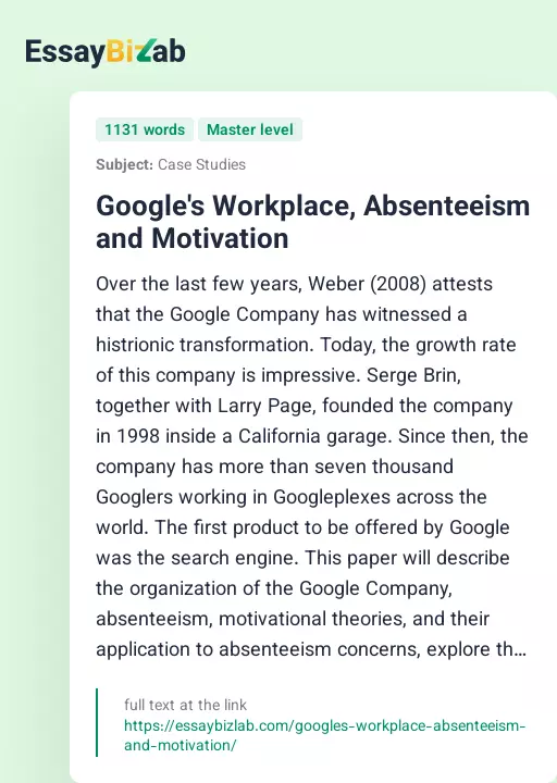 Google's Workplace, Absenteeism and Motivation - Essay Preview