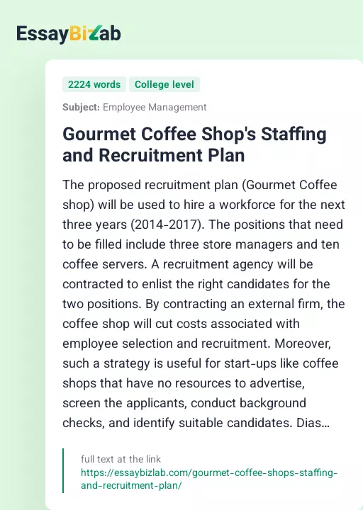 Gourmet Coffee Shop's Staffing and Recruitment Plan - Essay Preview