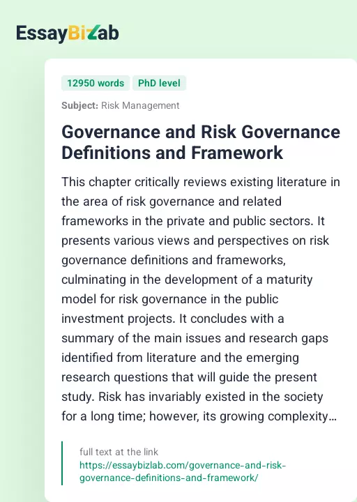 Governance and Risk Governance Definitions and Framework - Essay Preview