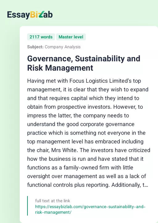 Governance, Sustainability and Risk Management - Essay Preview