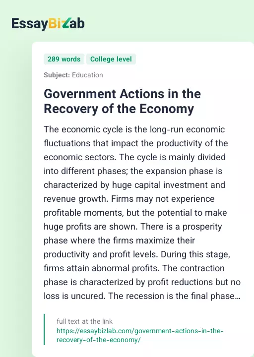 Government Actions in the Recovery of the Economy - Essay Preview