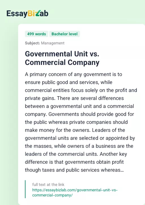 Governmental Unit vs. Commercial Company - Essay Preview