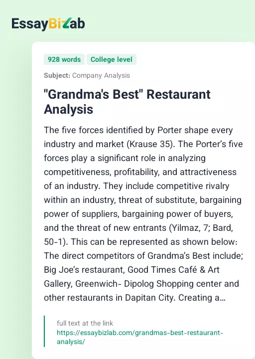 "Grandma's Best" Restaurant Analysis - Essay Preview