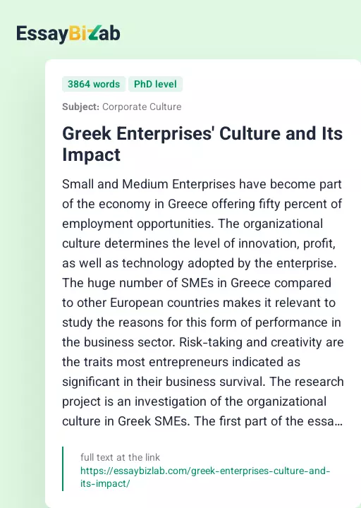 Greek Enterprises' Culture and Its Impact - Essay Preview