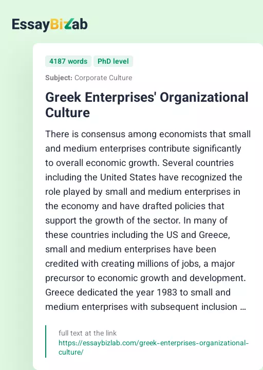 Greek Enterprises' Organizational Culture - Essay Preview
