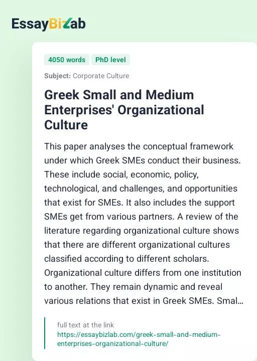 Greek Small and Medium Enterprises' Organizational Culture - Essay Preview