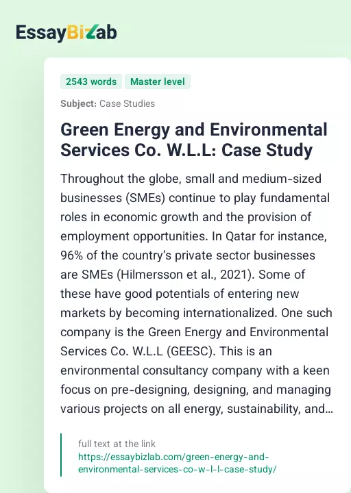 Green Energy and Environmental Services Co. W.L.L: Case Study - Essay Preview
