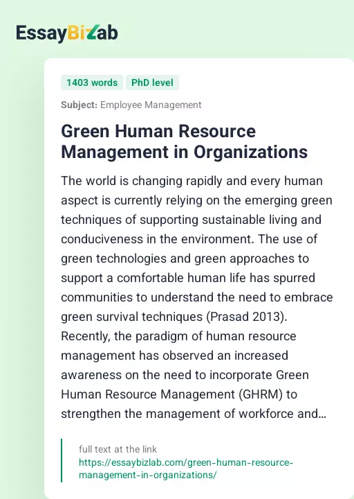 Green Human Resource Management in Organizations - Essay Preview