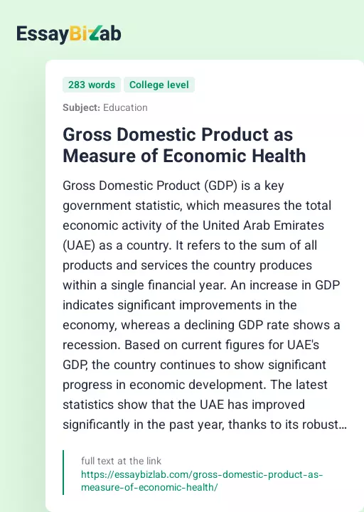 Gross Domestic Product as Measure of Economic Health - Essay Preview