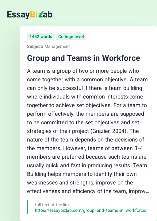 Group and Teams in Workforce - Essay Preview