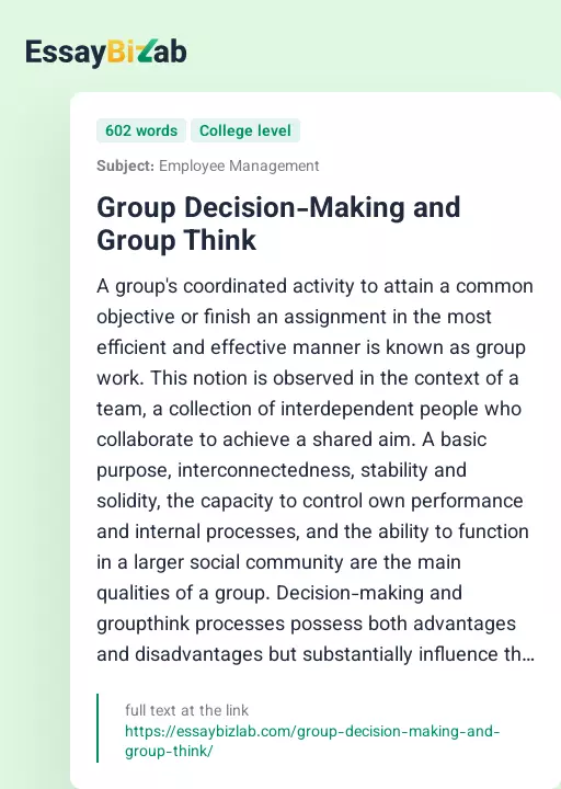 Group Decision-Making and Group Think - Essay Preview
