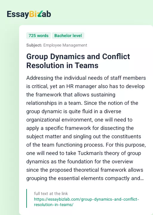 Group Dynamics and Conflict Resolution in Teams - Essay Preview