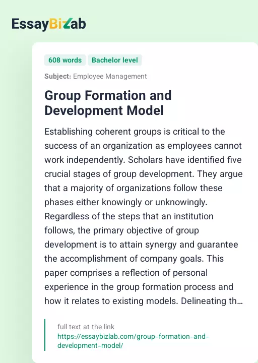 Group Formation and Development Model - Essay Preview