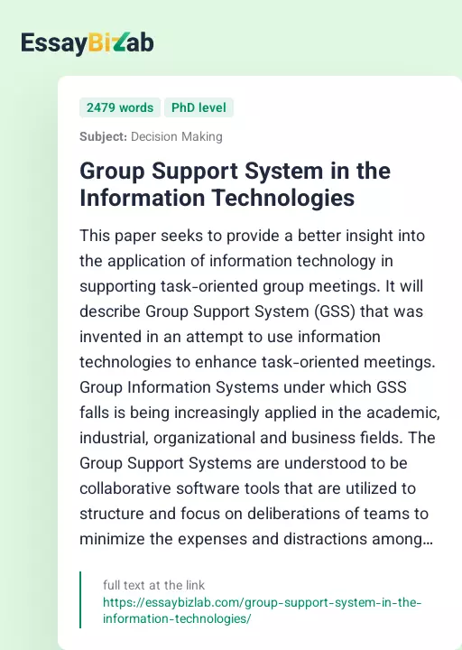 Group Support System in the Information Technologies - Essay Preview
