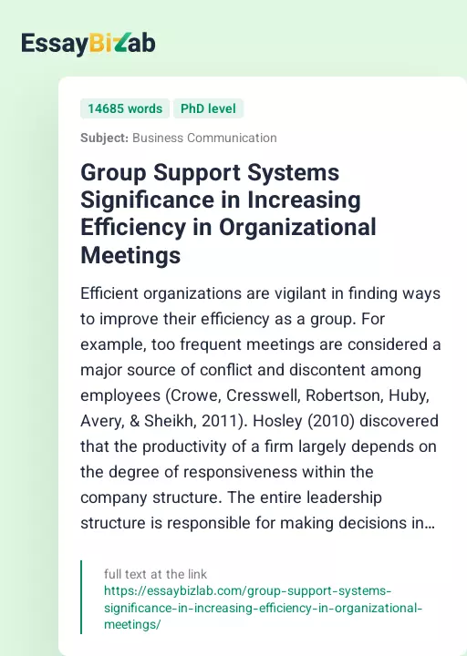 Group Support Systems Significance in Increasing Efficiency in Organizational Meetings - Essay Preview