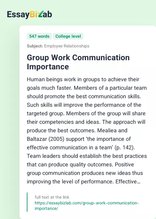 Group Work Communication Importance - Essay Preview