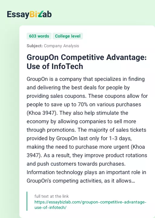 GroupOn Competitive Advantage: Use of InfoTech - Essay Preview
