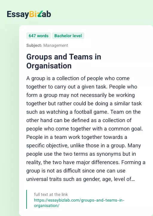 Groups and Teams in Organisation - Essay Preview