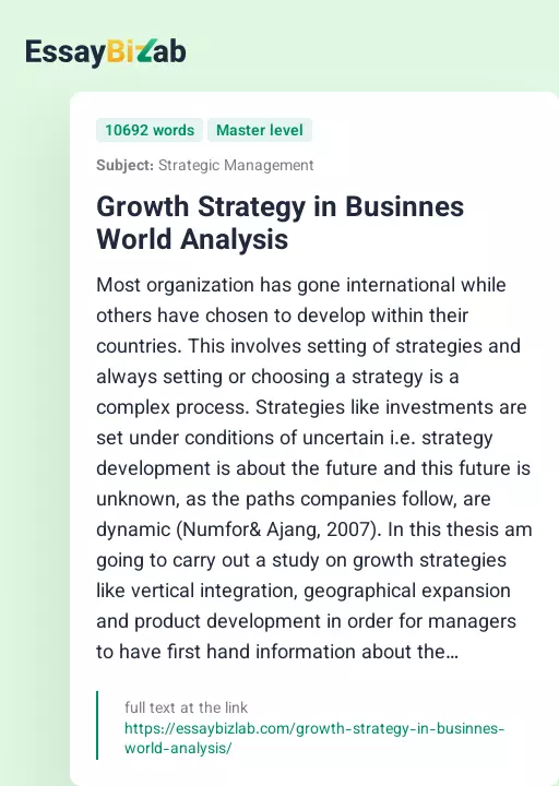 Growth Strategy in Businnes World Analysis - Essay Preview